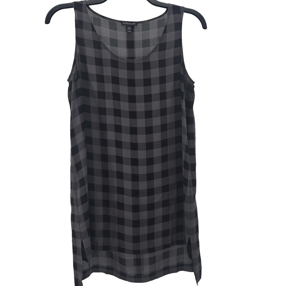 Eileen Fisher Black & Gray 100% Silk Sleeveless Long Tunic Top Or Mini Dress PM‎